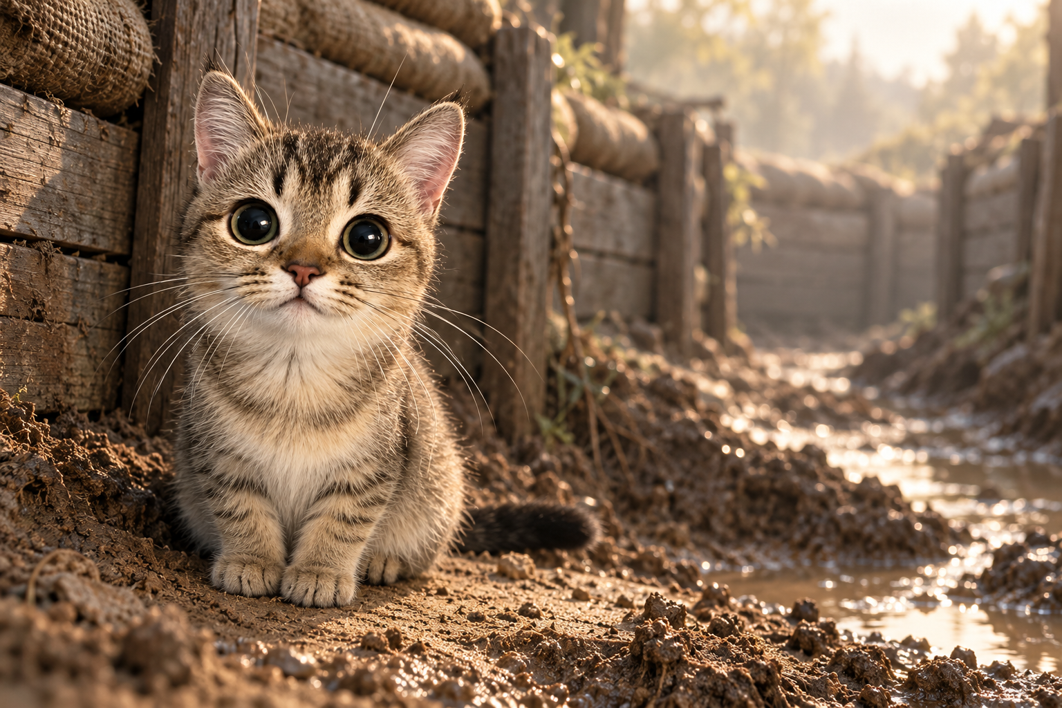 Bareheaded tabby kitten UMI sitting in a sheltered muddy trench bend.