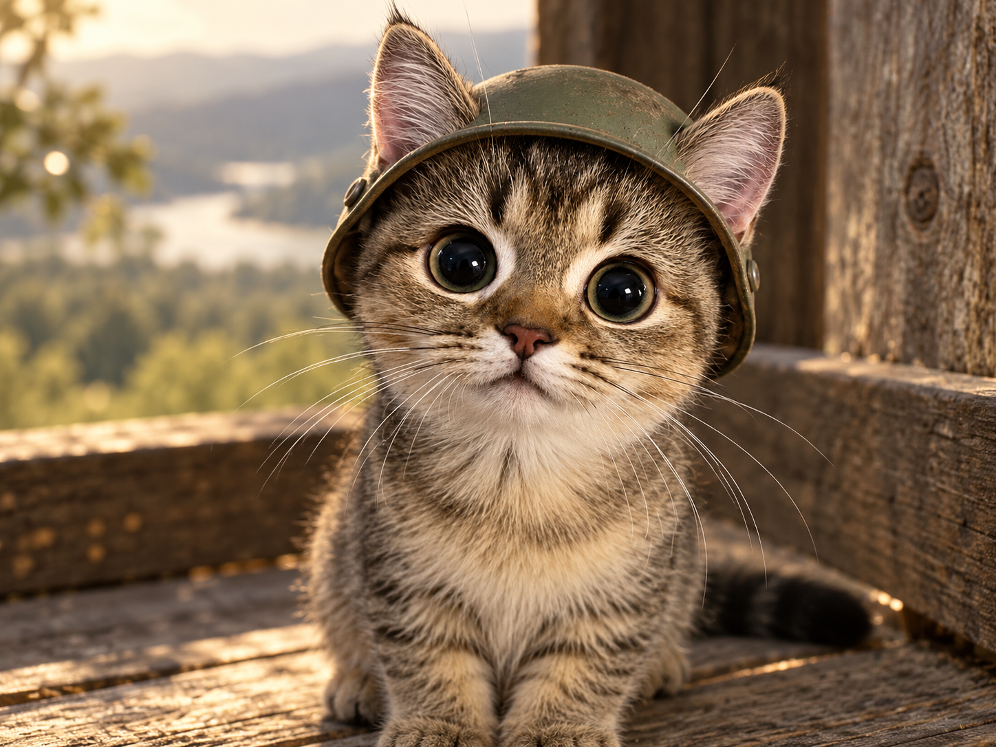 Close portrait of young tabby UMI trying on an oversized olive helmet.