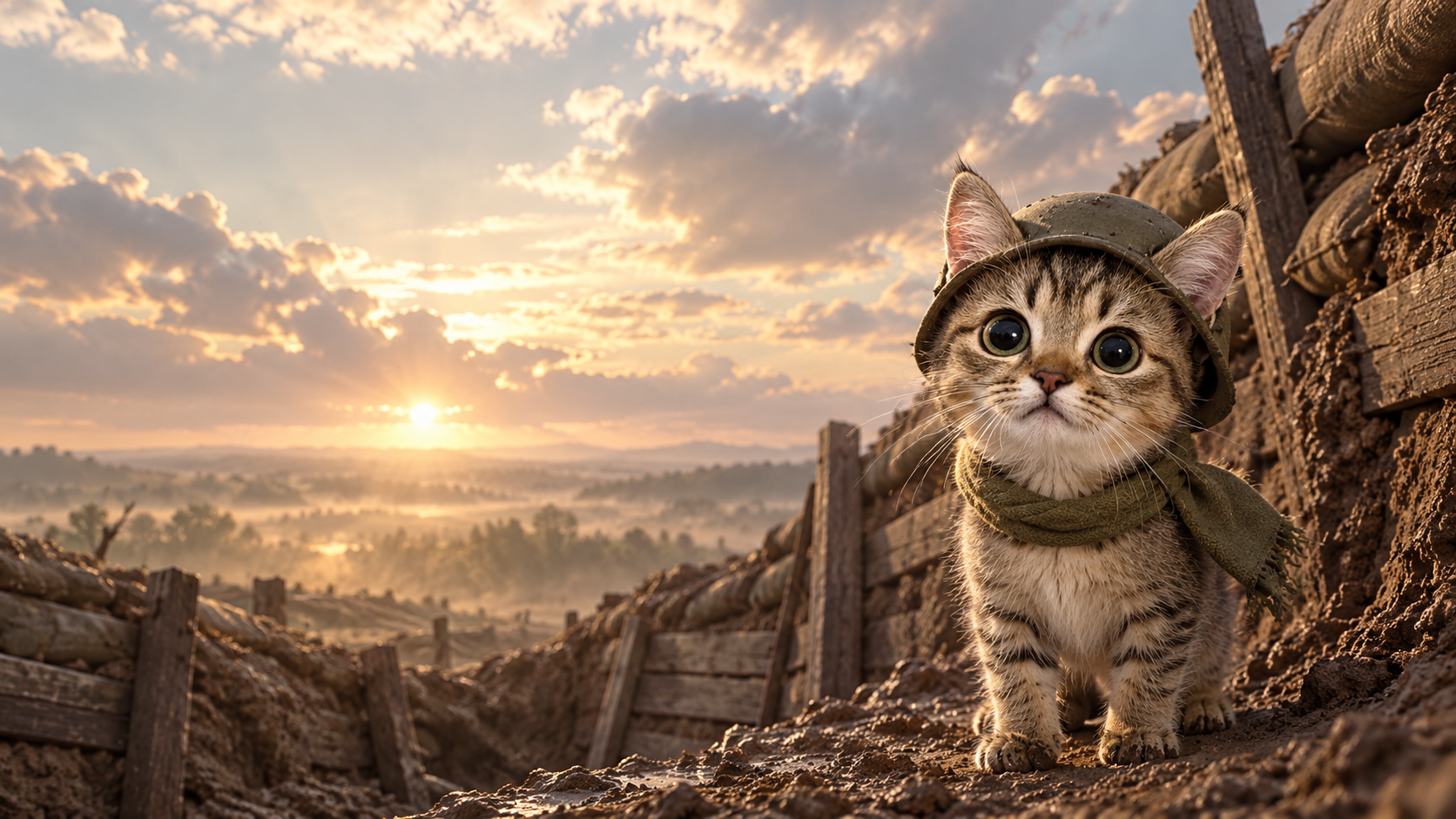 Wide-eyed UMI in a helmet and olive scarf at a vast trench opening.